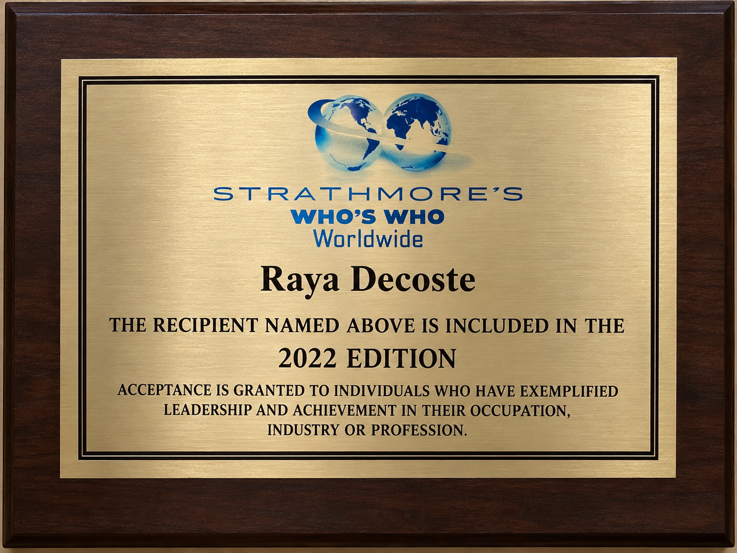 Strathmore's Who's Who Worldwide awarded to Raya Decoste — 2022 Edition